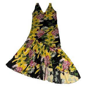 Key Lime Pie Rayon Floral Sleeveless Dress Women M Yellow Black Asymmetrical Hem